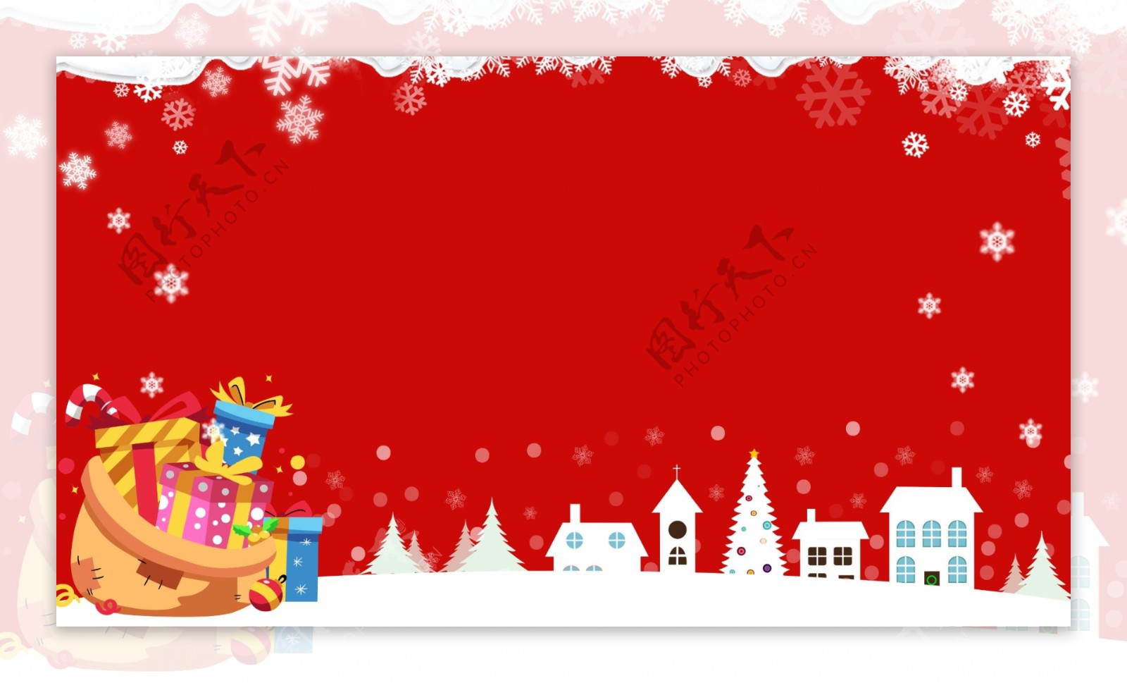 卡通可爱圣诞节雪地雪花礼物袋喜庆背景图