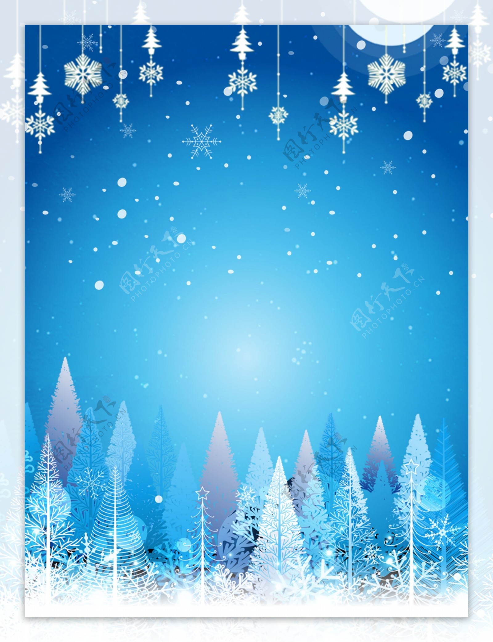 圣诞节H5背景蓝色背景松树雪花背景