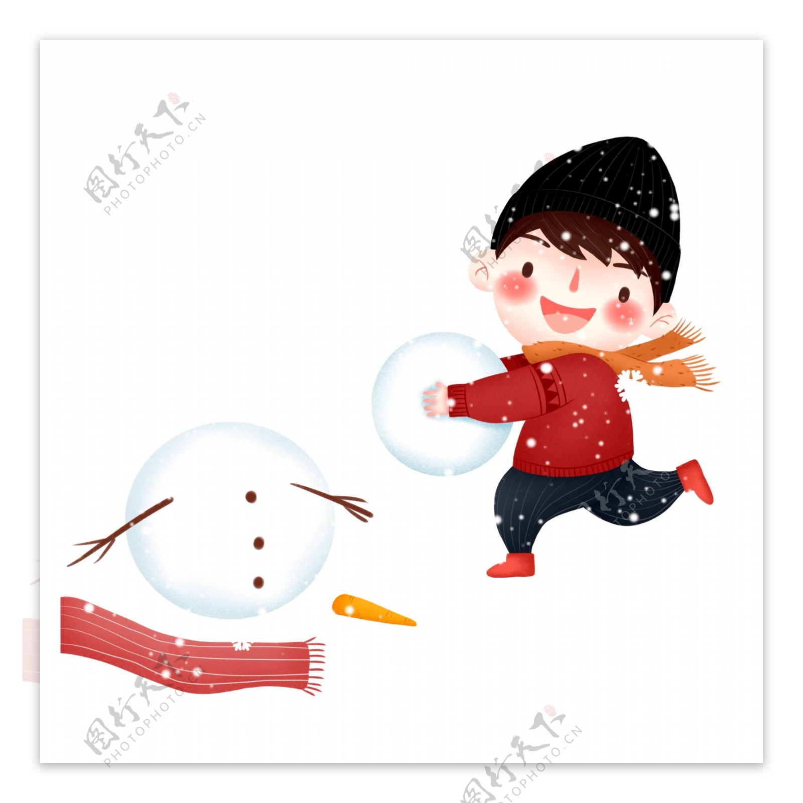清新唯美冬季大雪中堆雪人的男孩