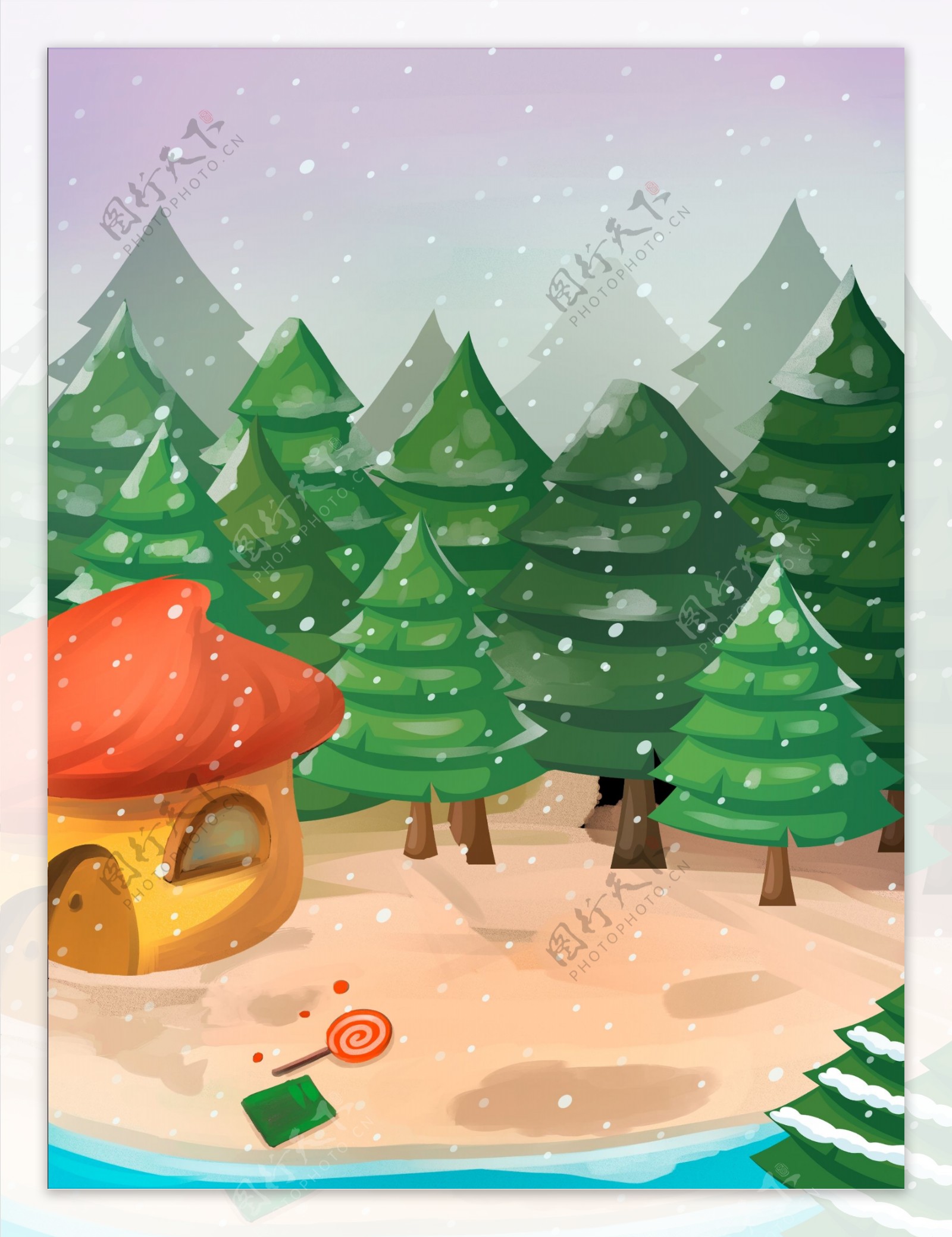 手绘圣诞节海边树林背景素材