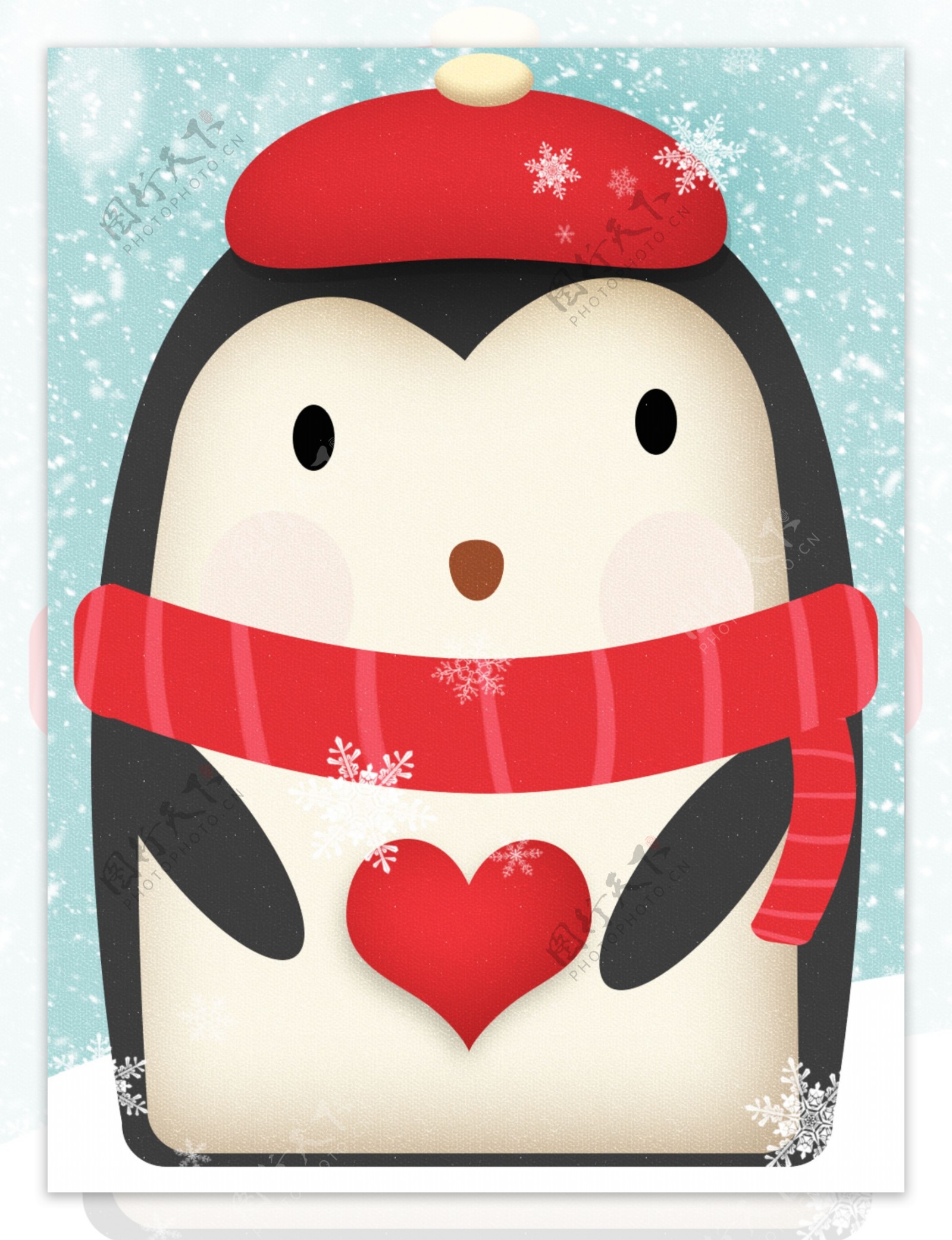 纯原创手绘可爱扁平化红色冬季企鹅背景