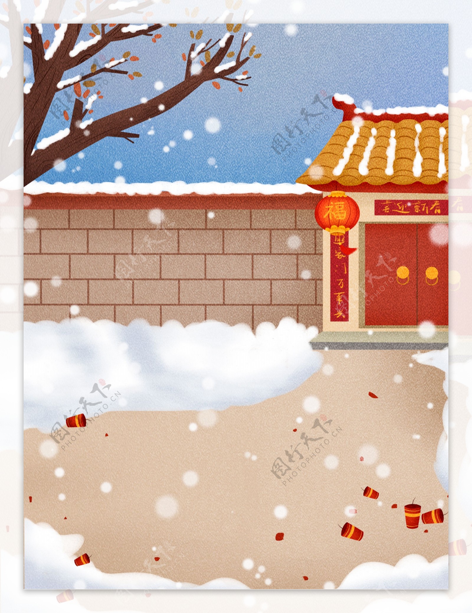 卡通唯美新年雪地树木背景