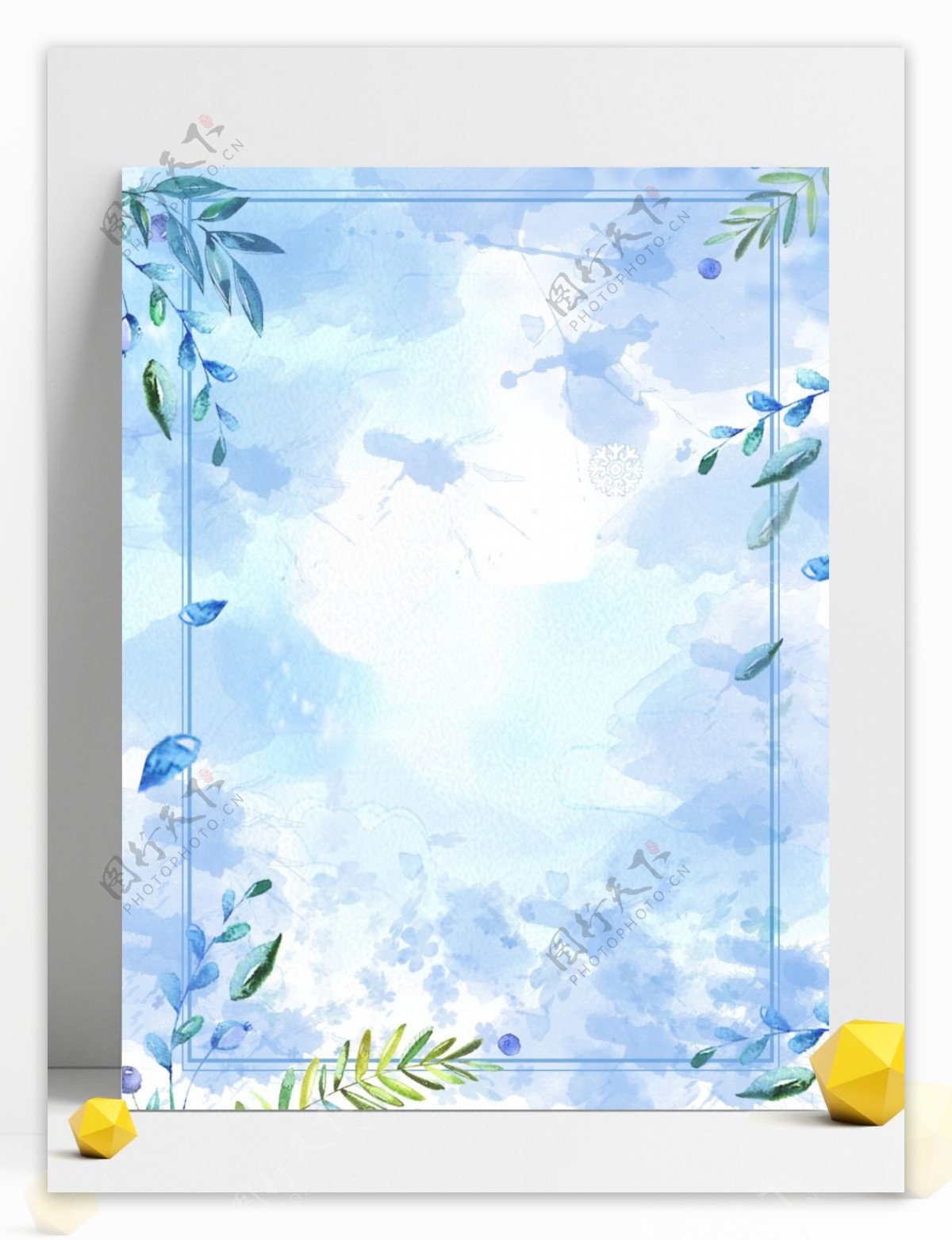 彩绘蓝色树叶冬季边框背景
