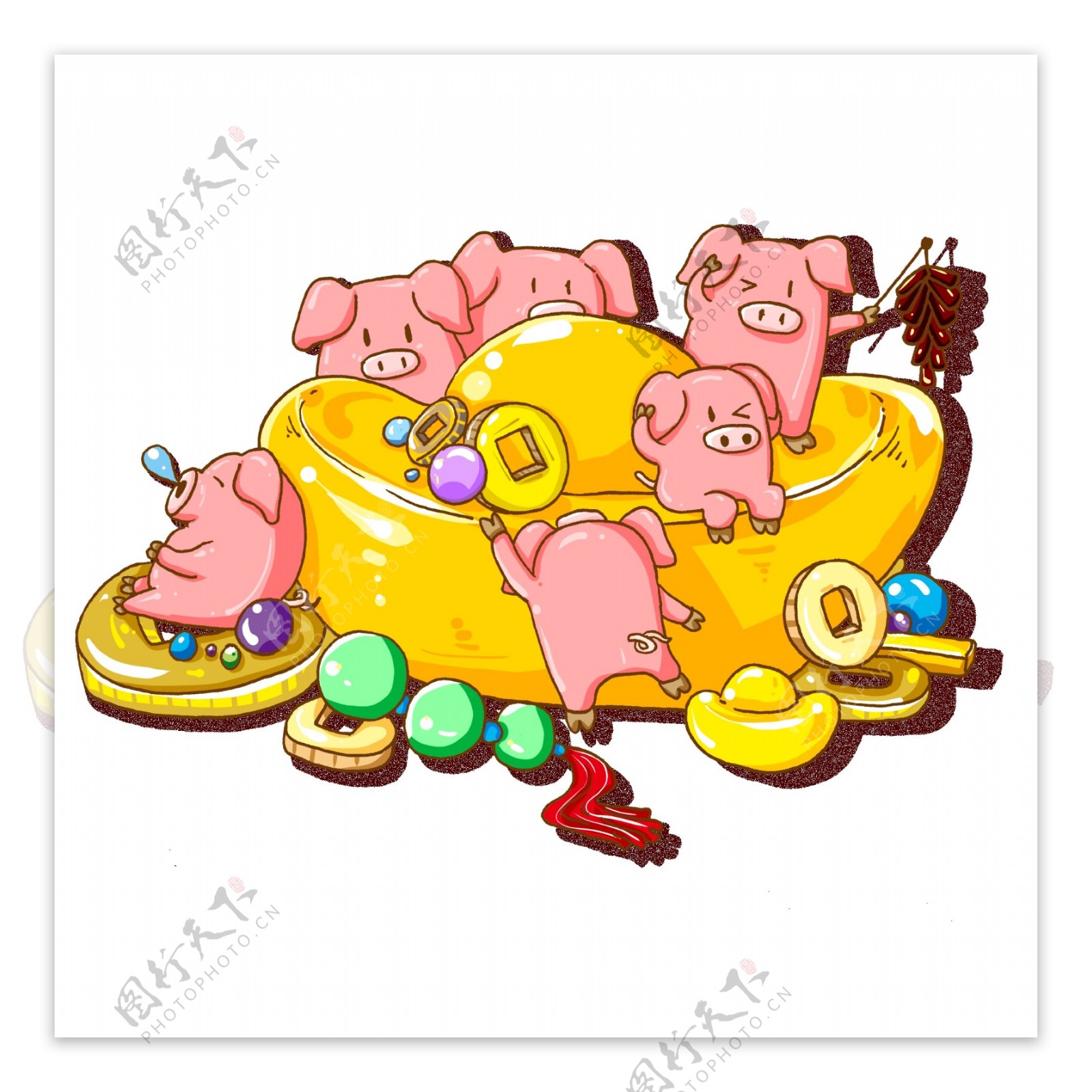 卡通手绘金元宝和小猪设计