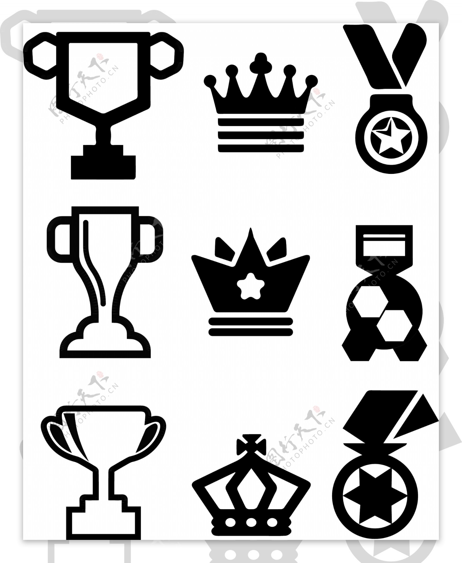 黑白色王冠奖杯奖牌颁奖图标素材AI素材