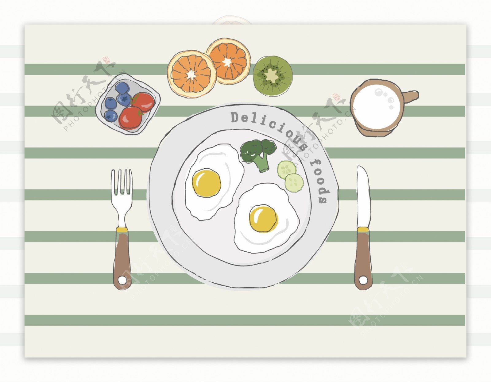 日系小清新早餐手绘线稿荷包蛋营养水果蔬菜