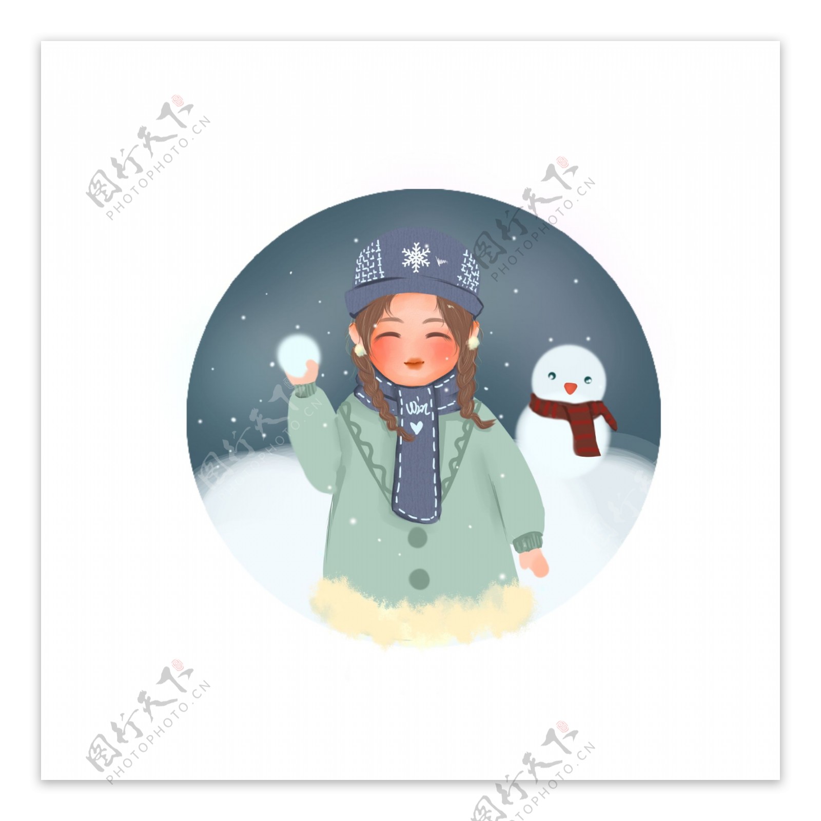 冬日元素手绘插画元素冬日女孩雪球雪地气节
