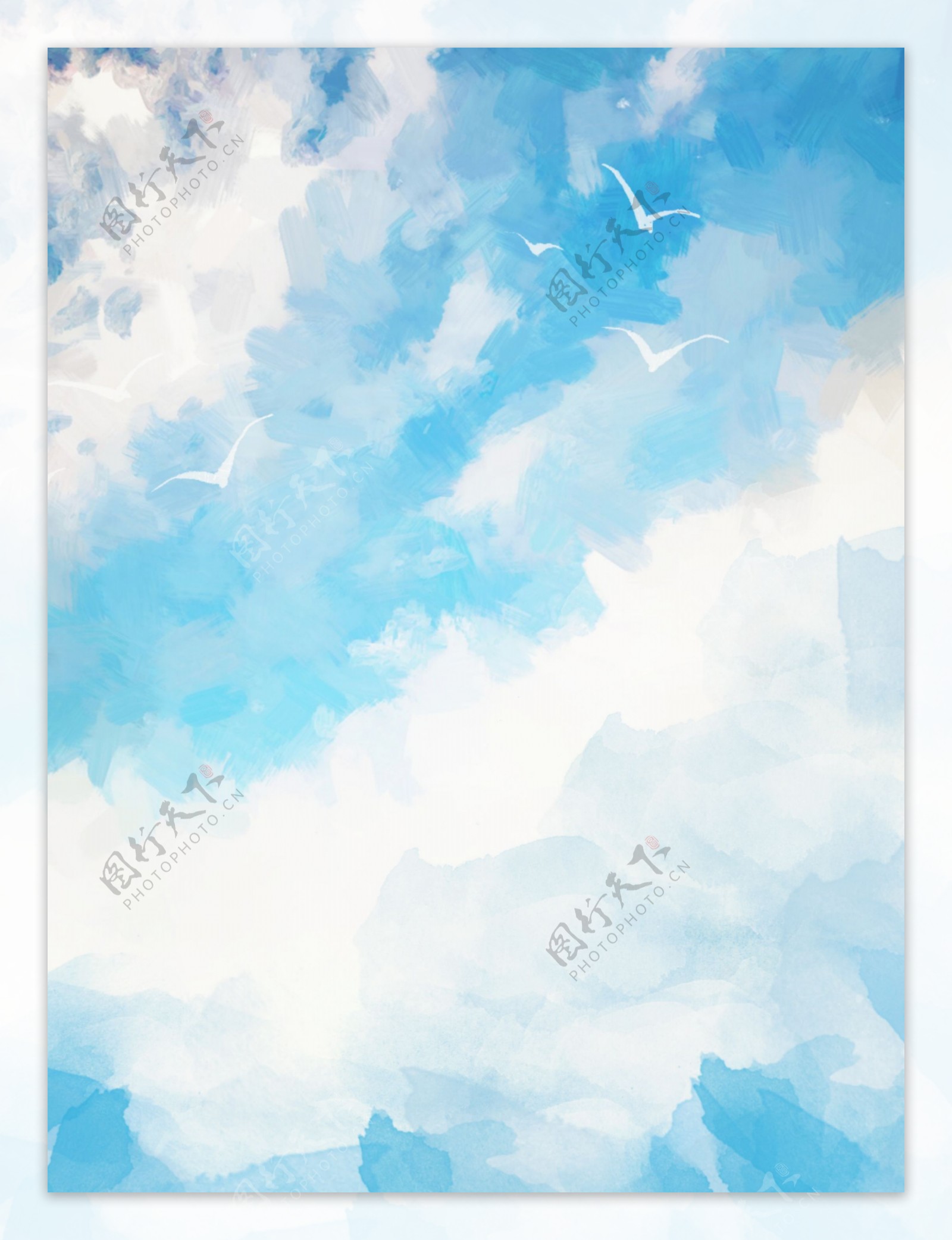 纯原创手绘风格水彩蓝色蓝天白云背景