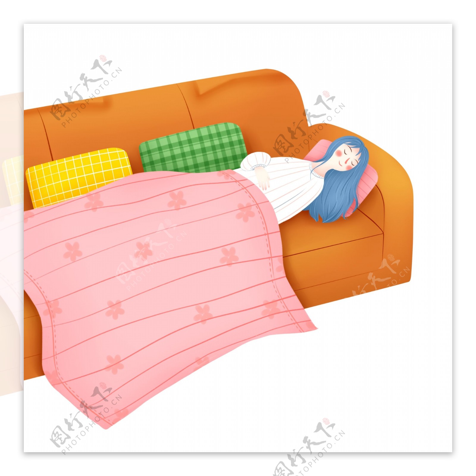 彩绘小清新沙发上盖着毯子睡觉的女孩