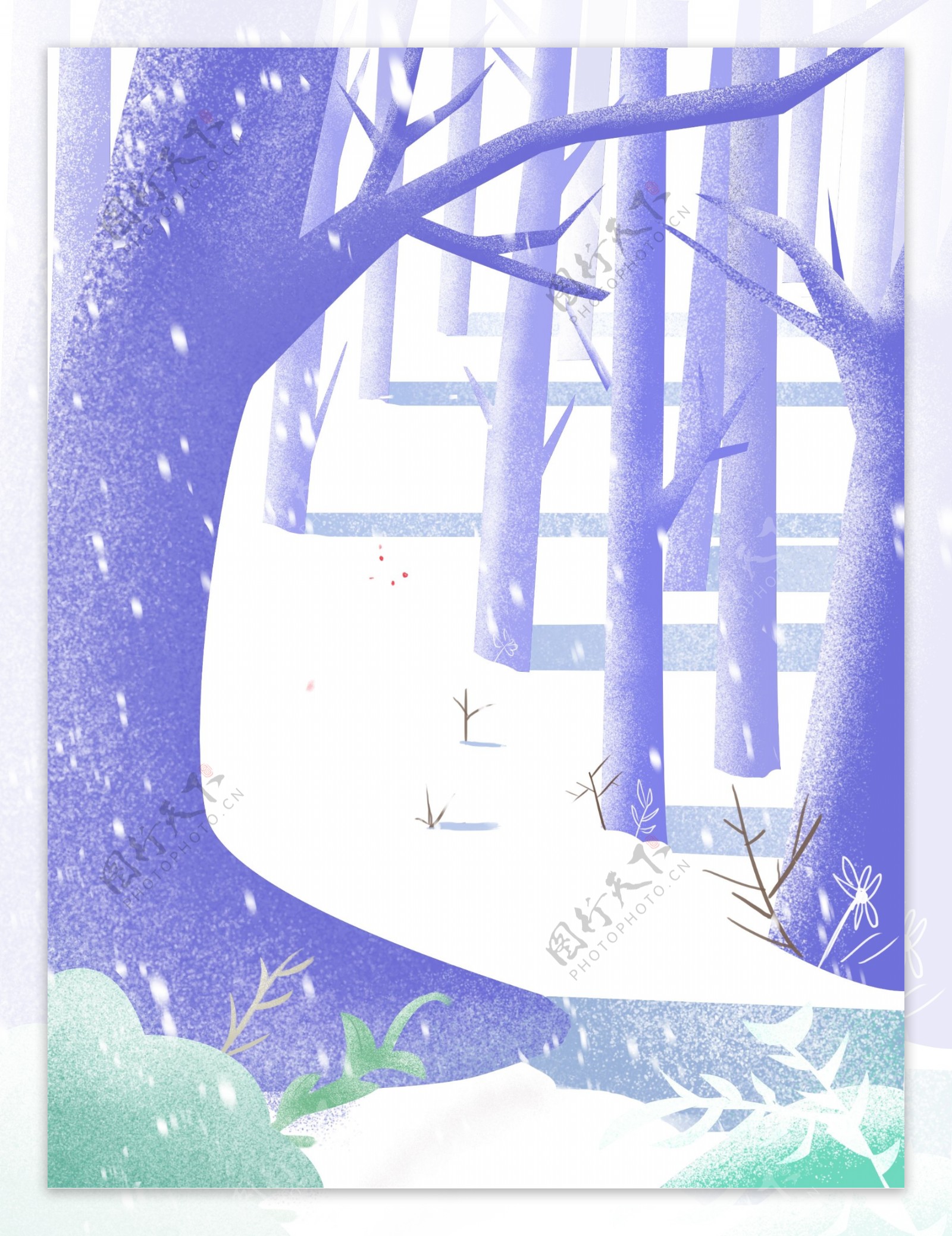 彩绘紫色冬季树林雪地背景设计