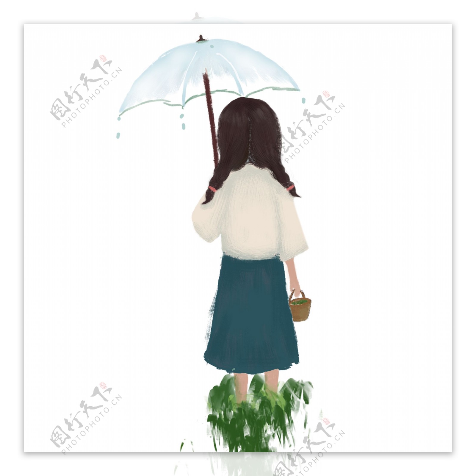 雨中撑着伞漫过草地的小女孩背影免抠图