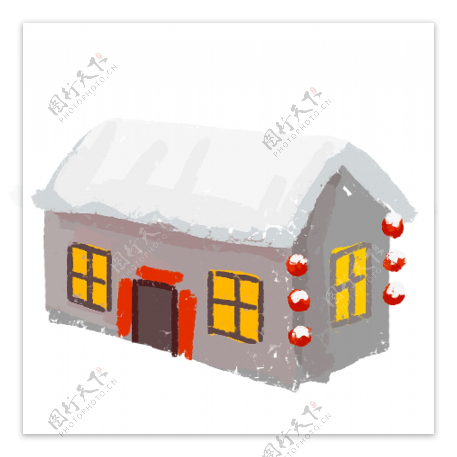 春节手绘卡通盖着雪的屋子