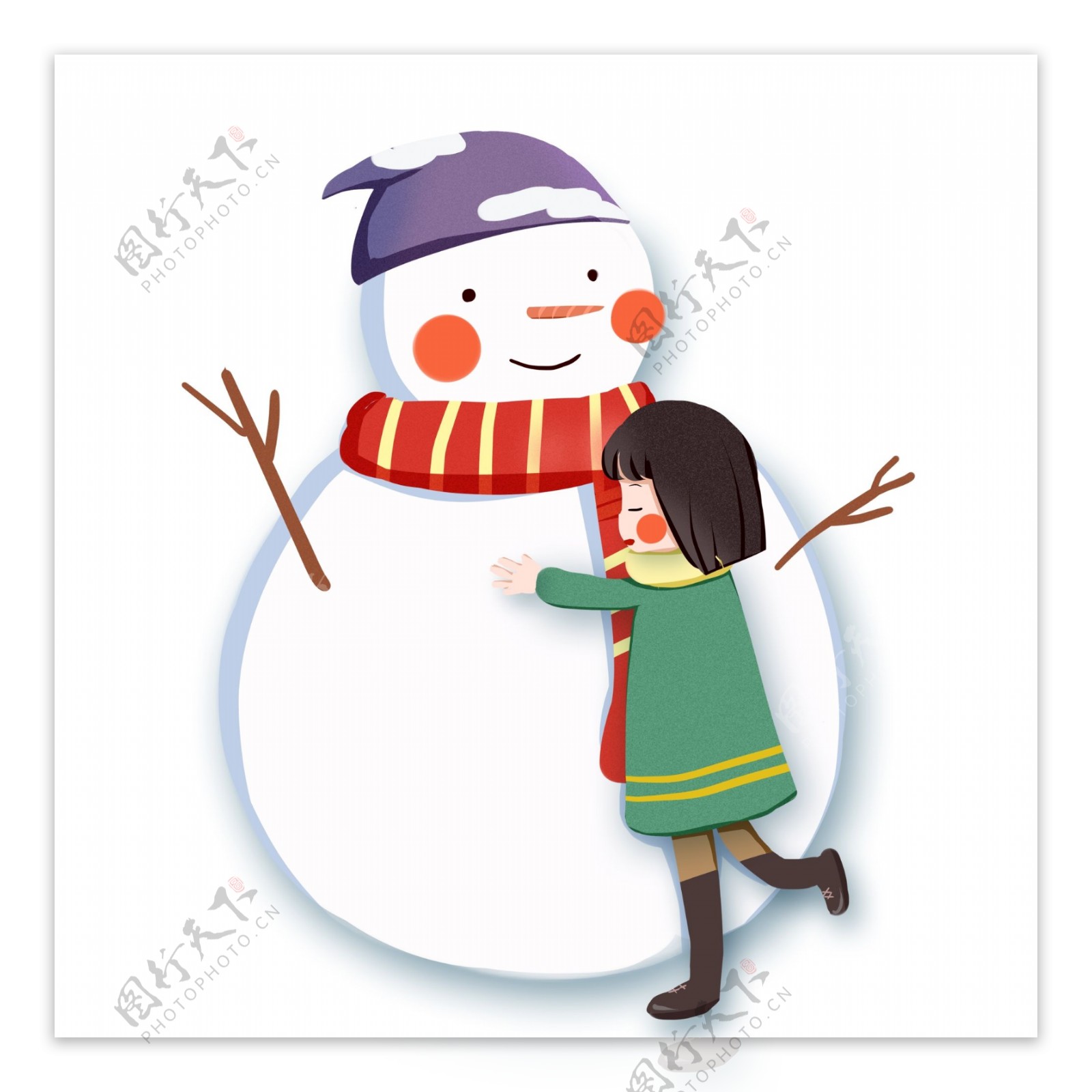 剪纸风治愈系拥抱雪人的女孩