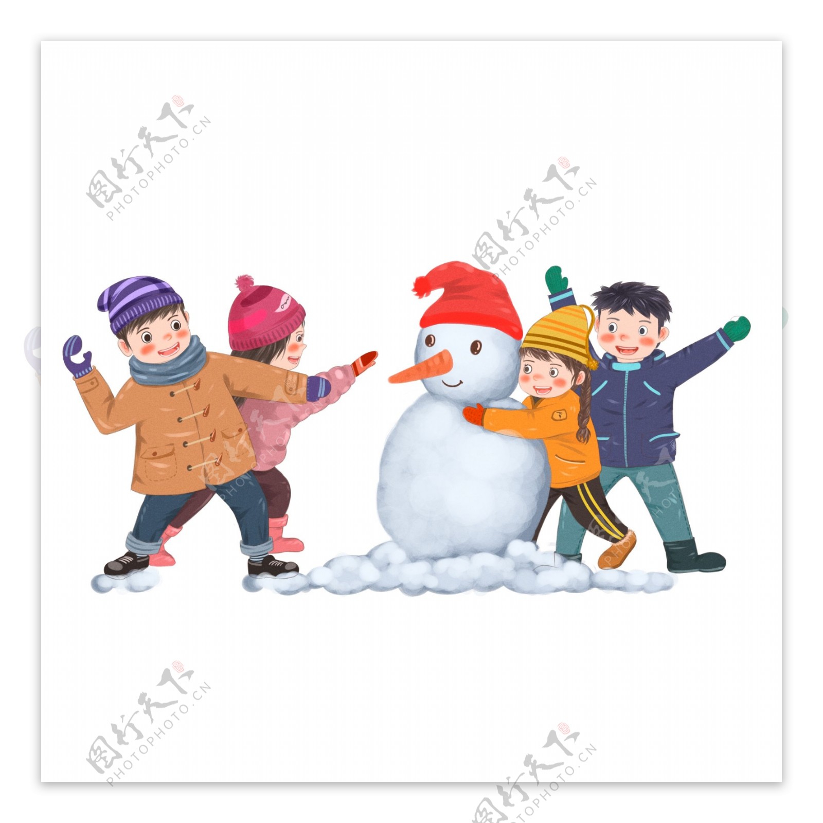 手绘冬天堆雪人打雪仗的儿童人物设计