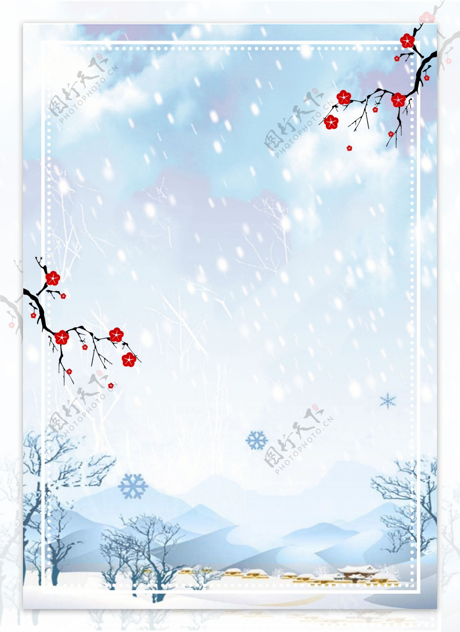 彩绘冬季下雪美景背景设计