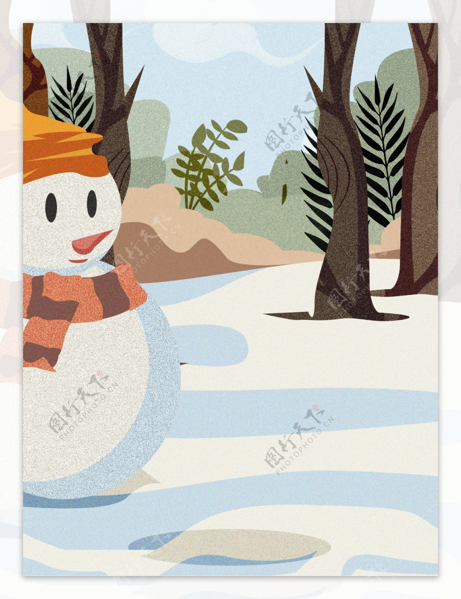 彩绘冬季雪人树林背景设计