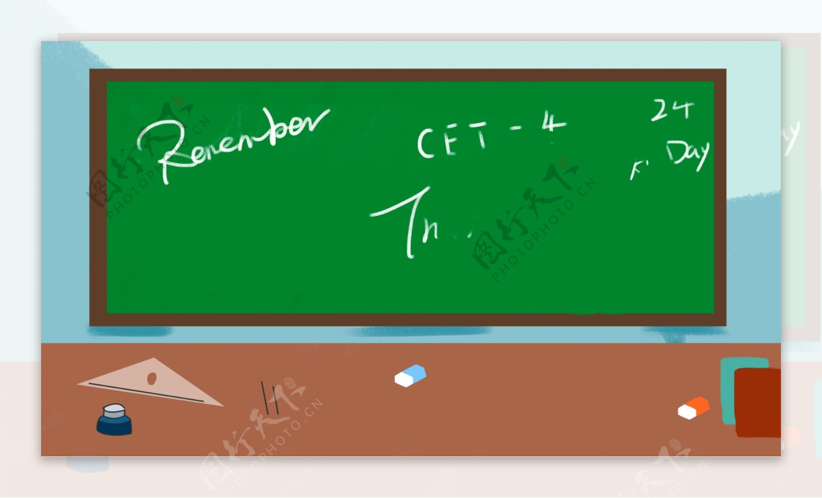 手绘绿色黑板备战英语考试背景素材