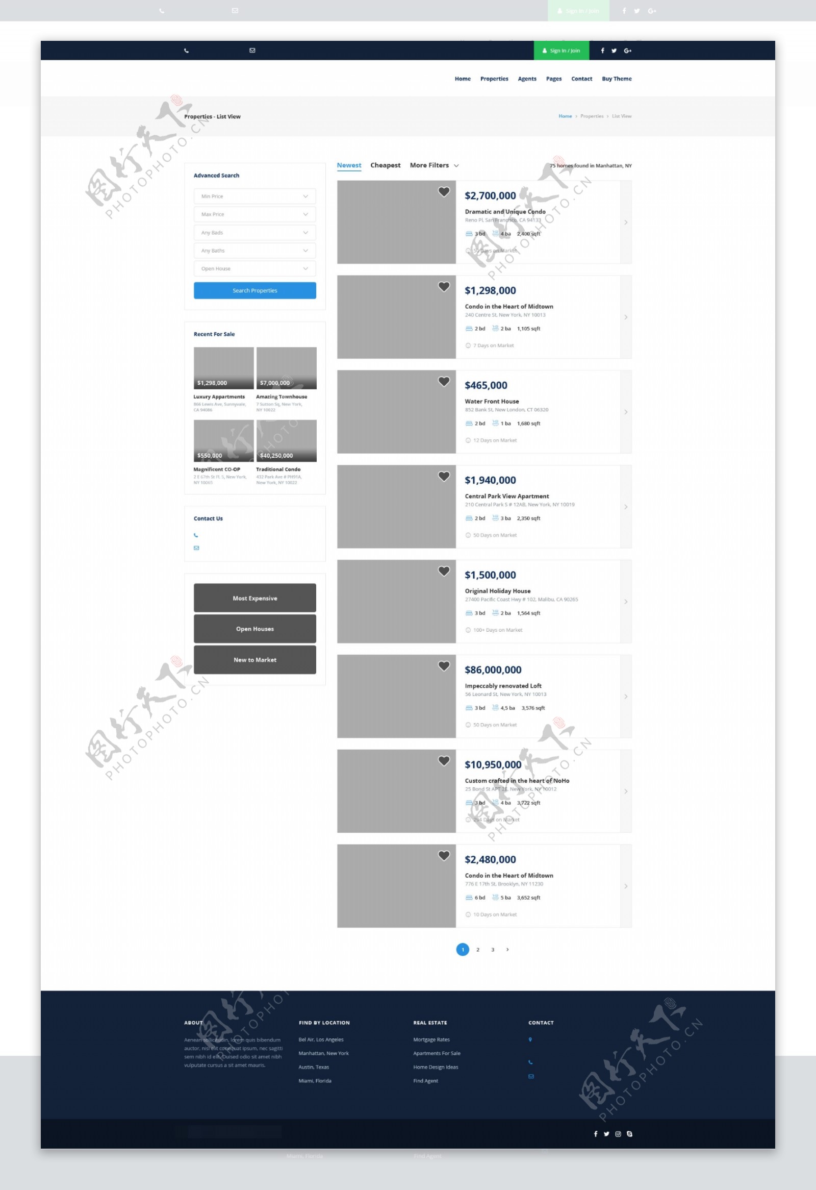 房地产网站简单列表视图标准页面psd模板