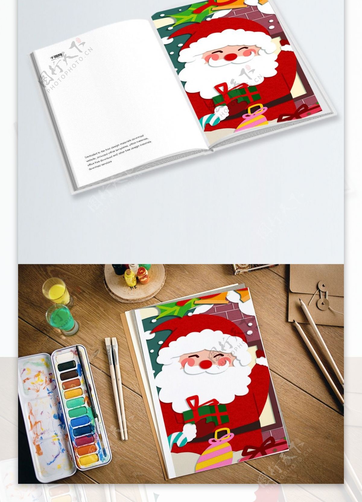 圣诞节圣诞老人与鹿可爱温暖剪纸风温馨插画
