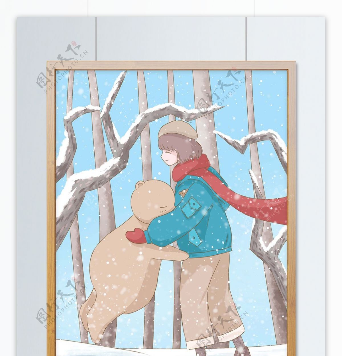 冬至插画冬天树林里拥抱的女孩和小熊