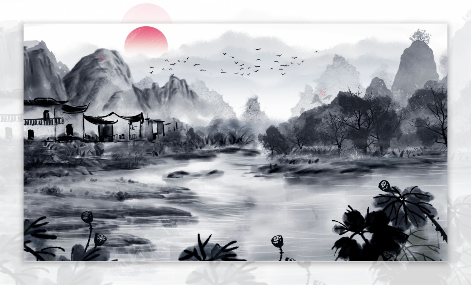 唯美中国复古水墨画风景画水彩中国水墨插画