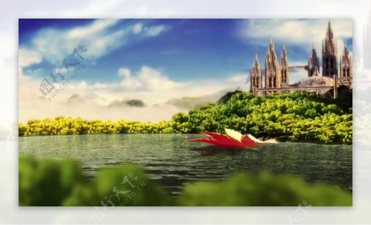 唯美城堡湖面枫叶旋转3d视频素材
