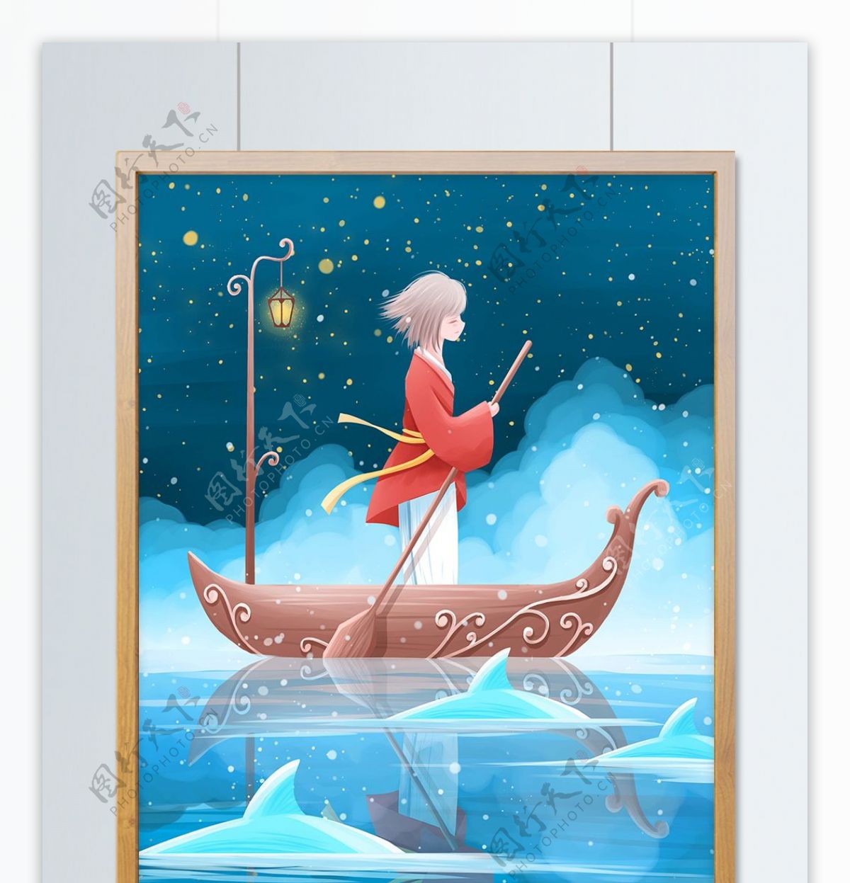 晚安世界唯美治愈插画夜晚湖中划船的女孩