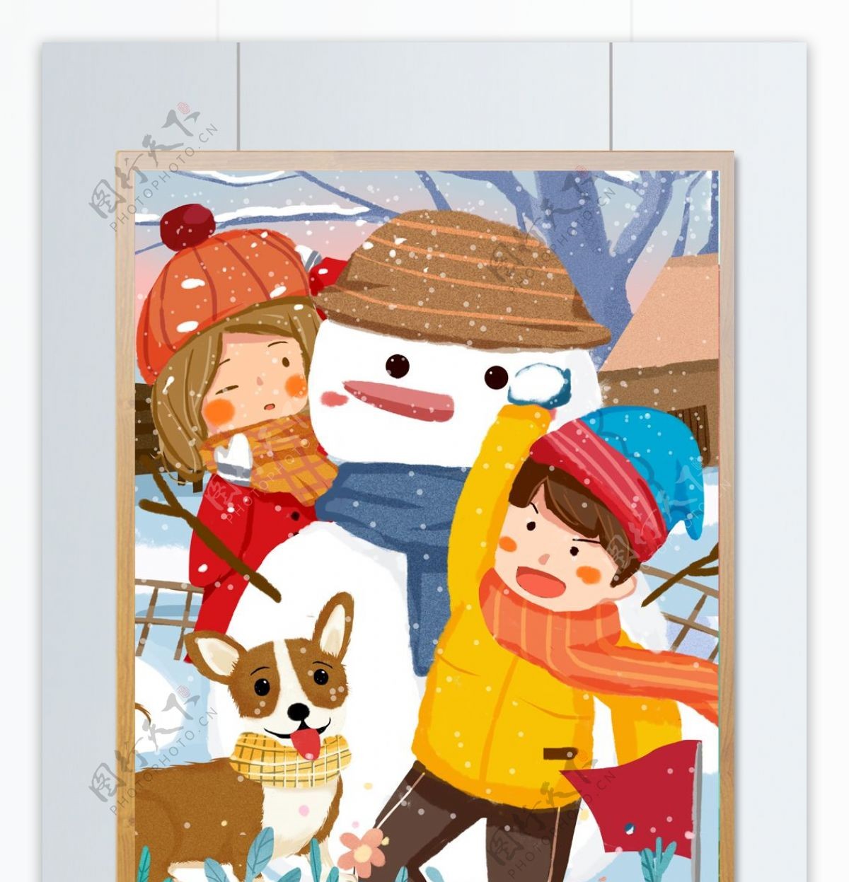 冬日兄妹堆雪人打雪仗可爱温暖温馨儿童插画