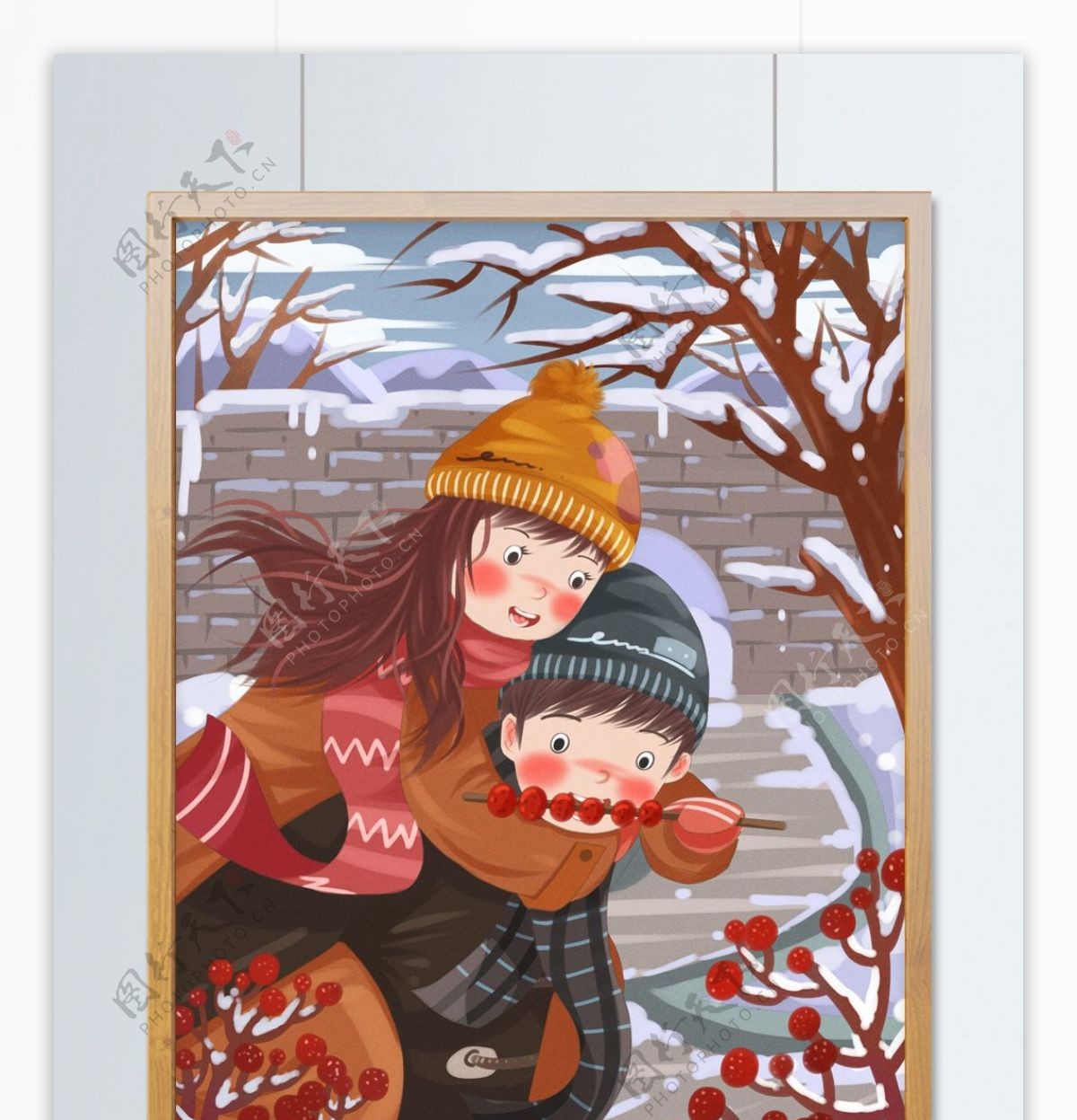 情侣冬季日常男生背着女生吃糖葫芦扁平插画