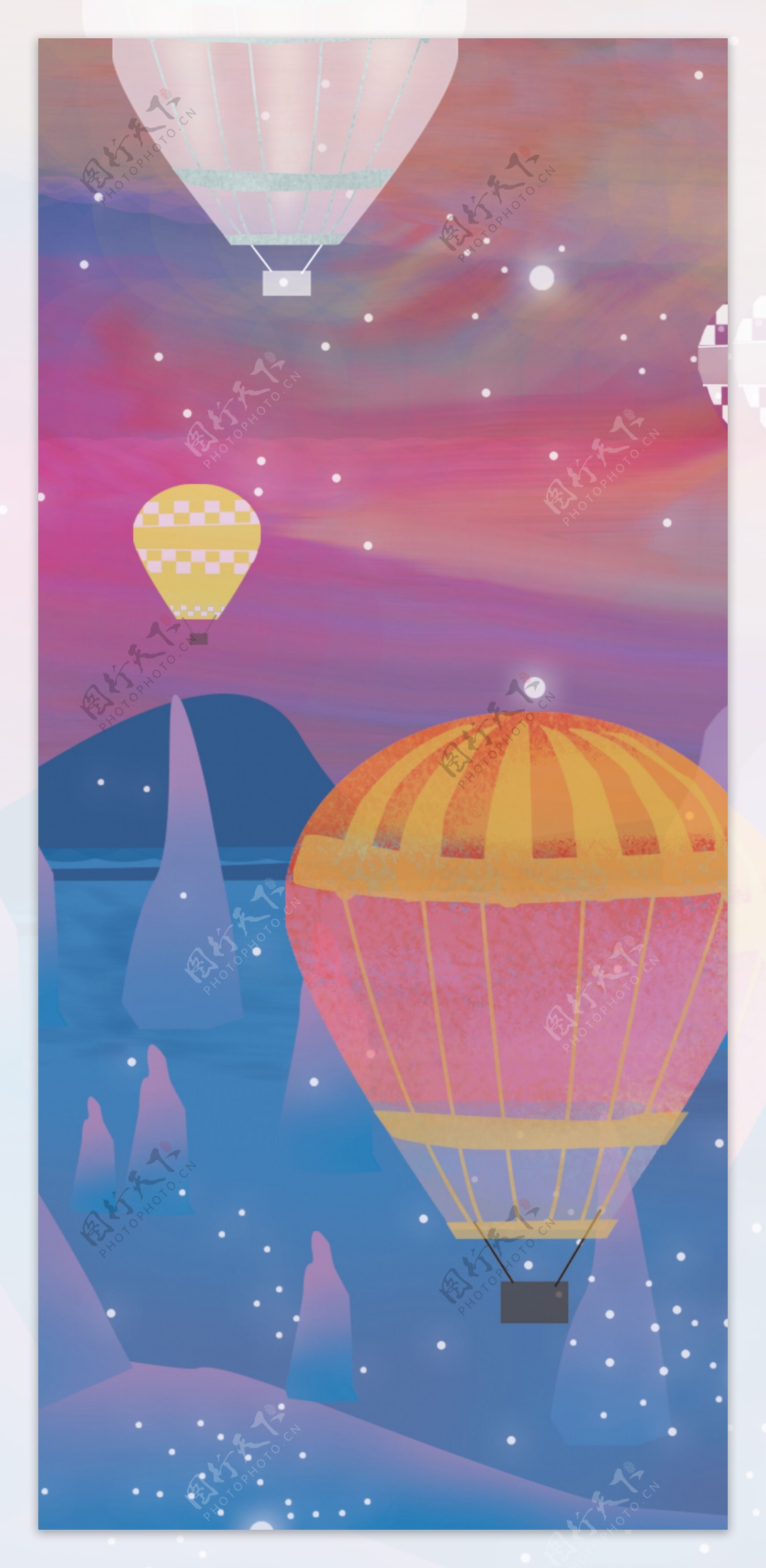 星空城堡和热气球插画