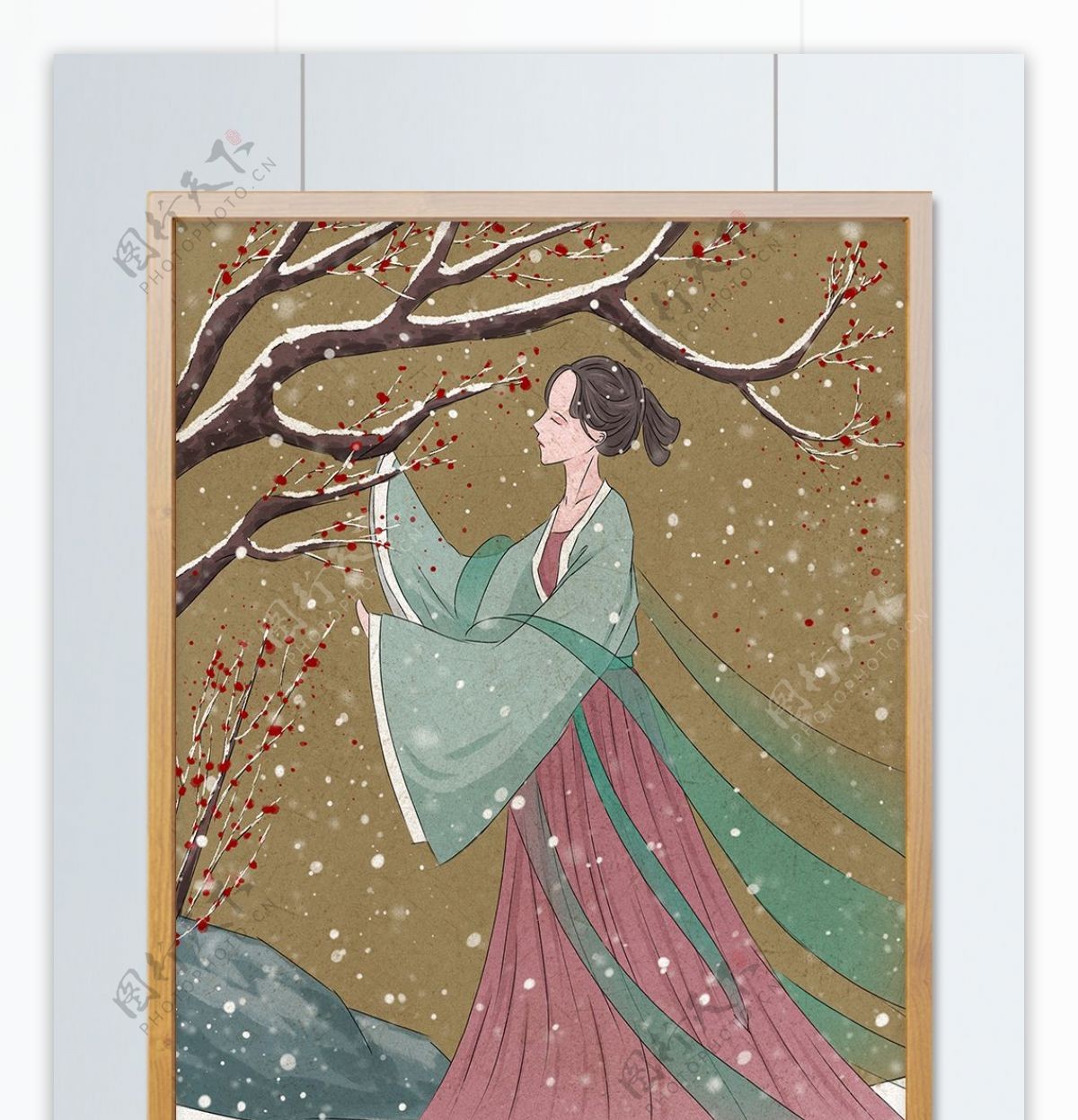 中国风水墨工笔画雪中赏梅的古装女子
