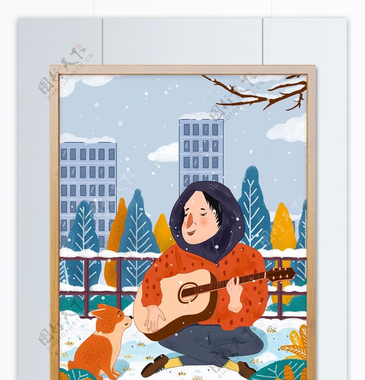 冬天你好小清新插画弹吉他的男生和他的小狗
