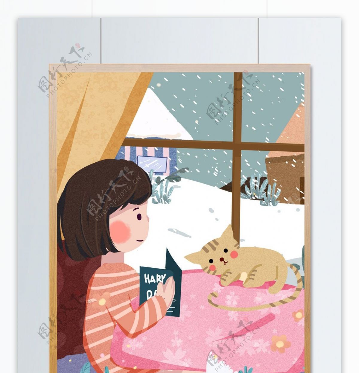 冬天你好女孩和小猫卡通温暖可爱温馨插画