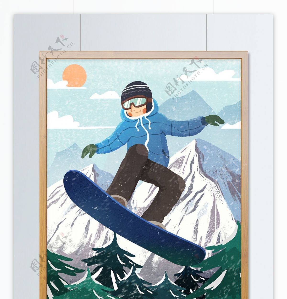 少年山中滑板滑雪肌理写实原创手绘插画