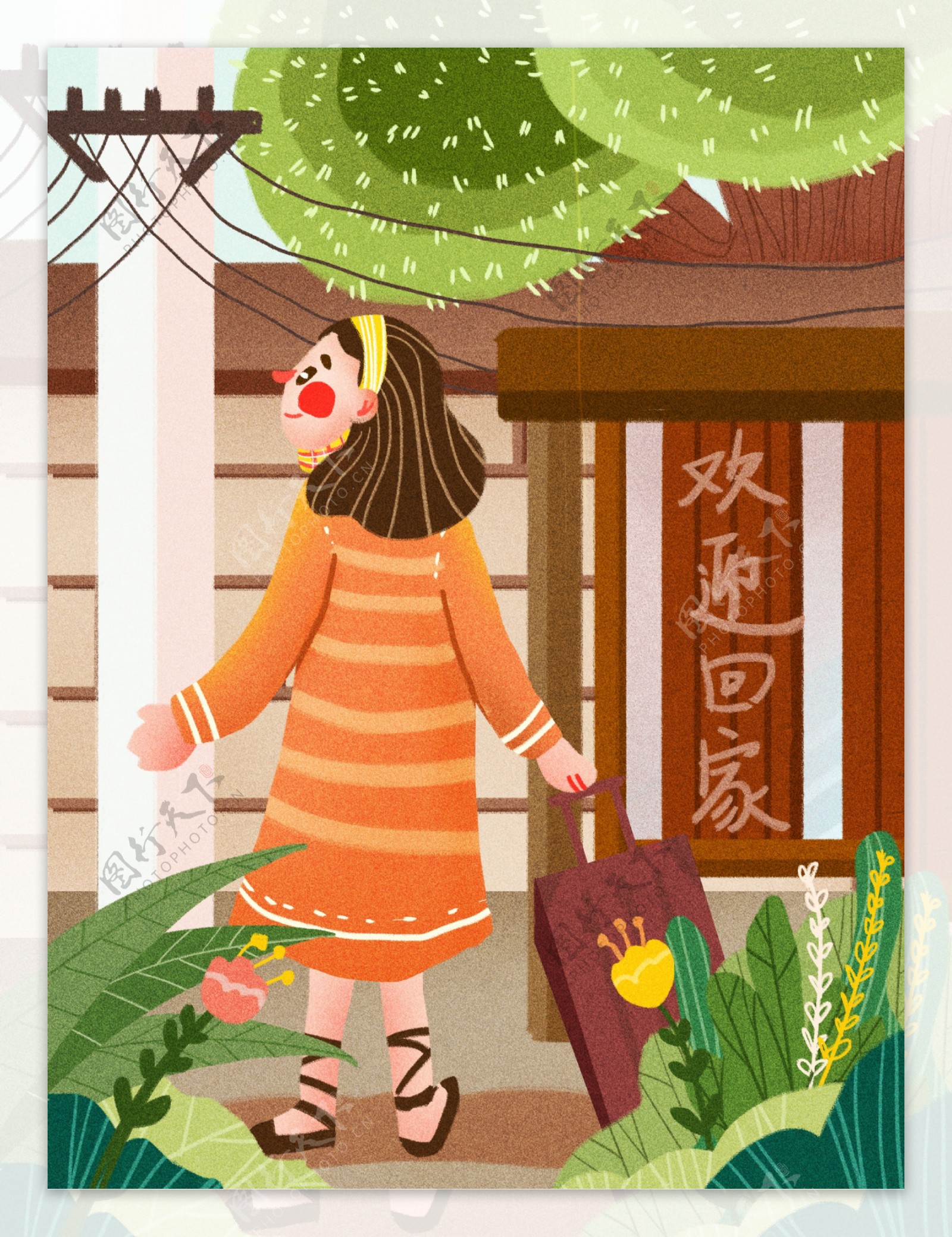 春节回家少女肌理噪点欢迎牌植物花朵行李