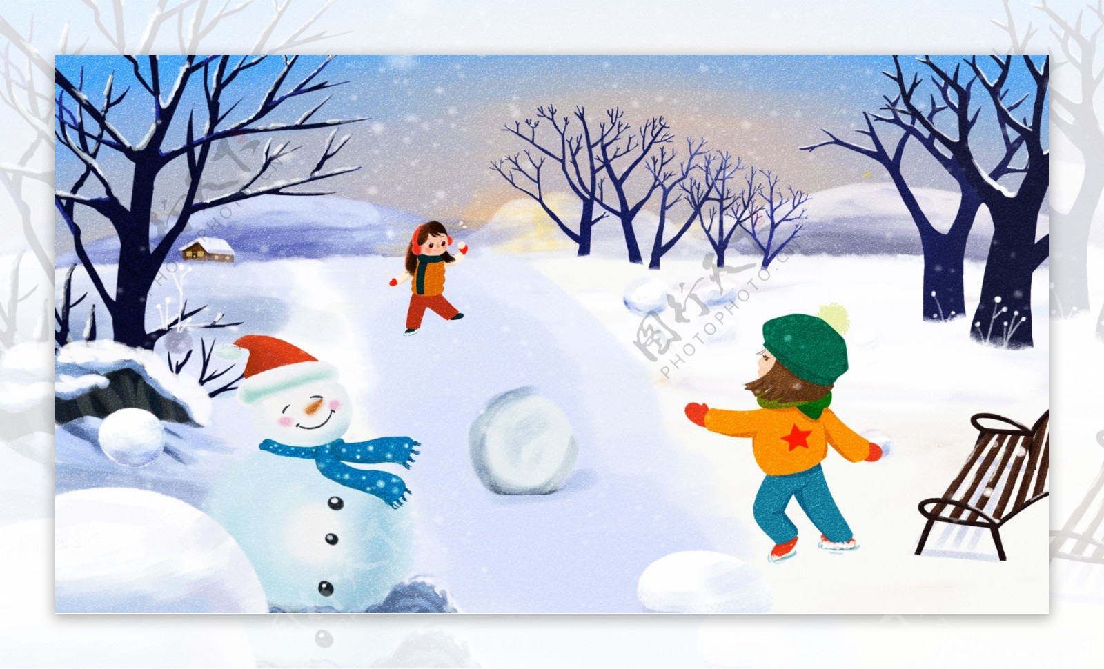 唯美冬季开心小伙伴一起打雪仗原创手绘插画