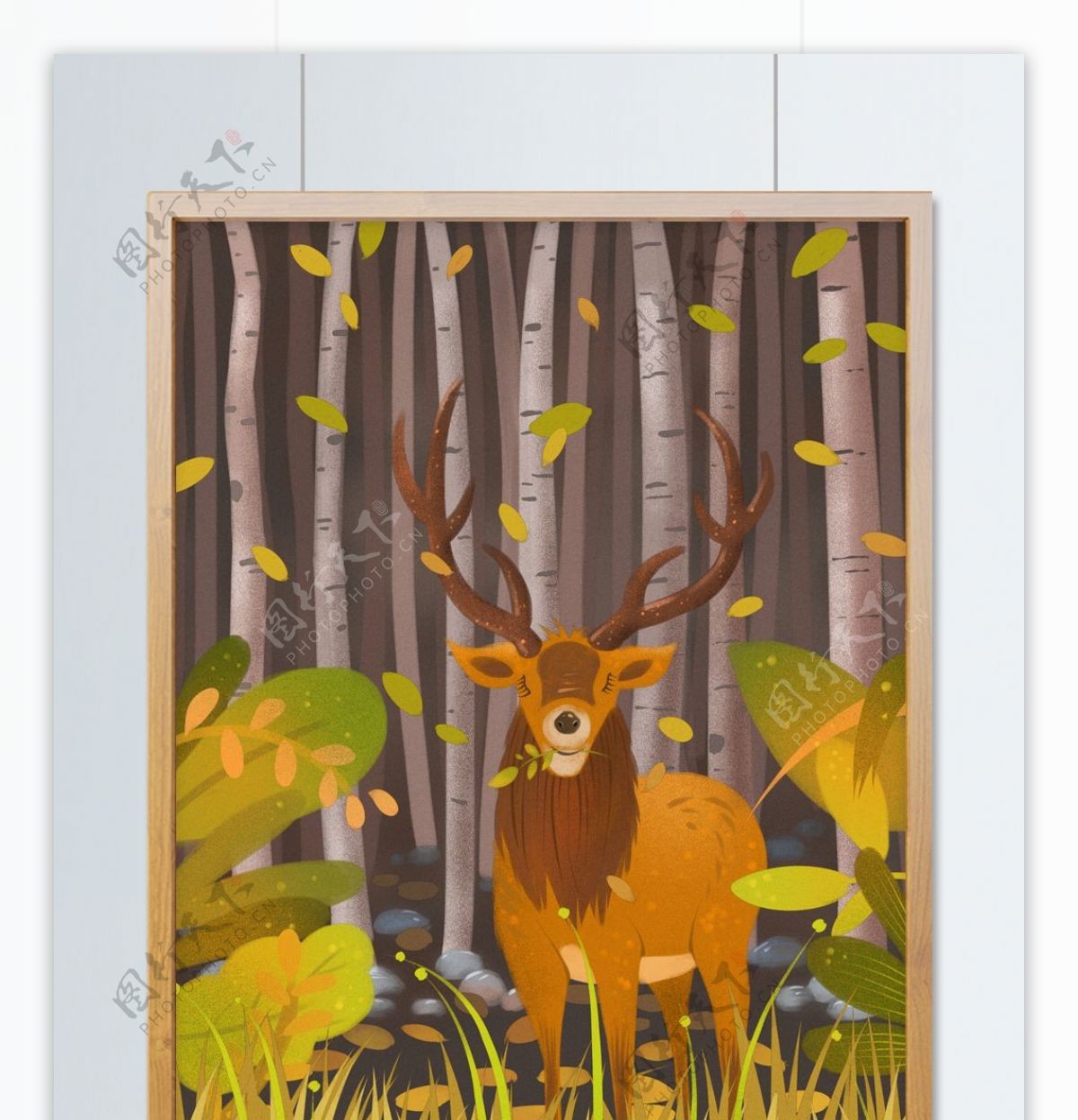 林深时见鹿白桦林里的巨鹿肌理插画