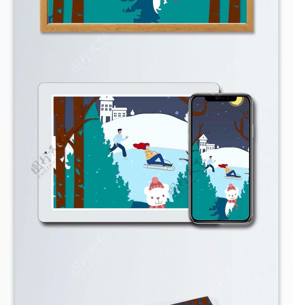 剪纸风滑雪场景冬季矢量插画