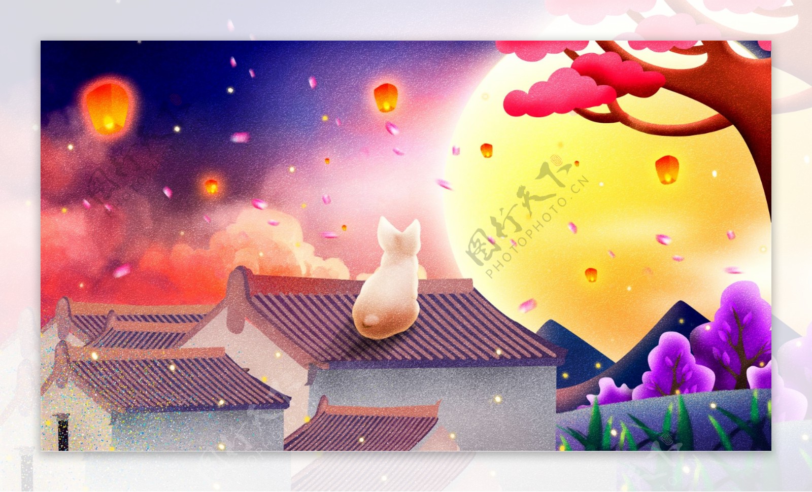 唯美传统节日中秋坐在屋顶上的玉兔插画