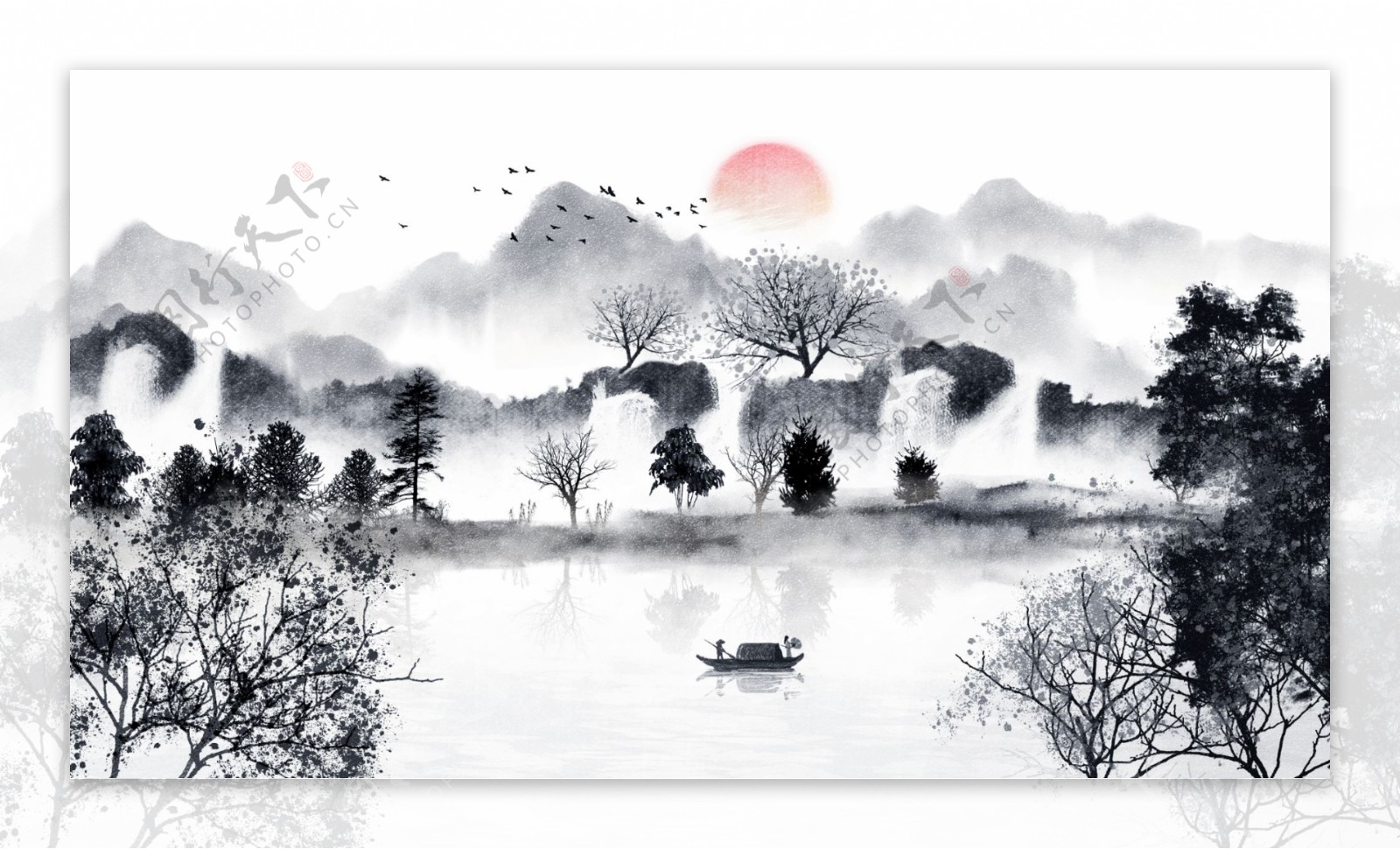 唯美古风古典中国水彩画水墨画插画