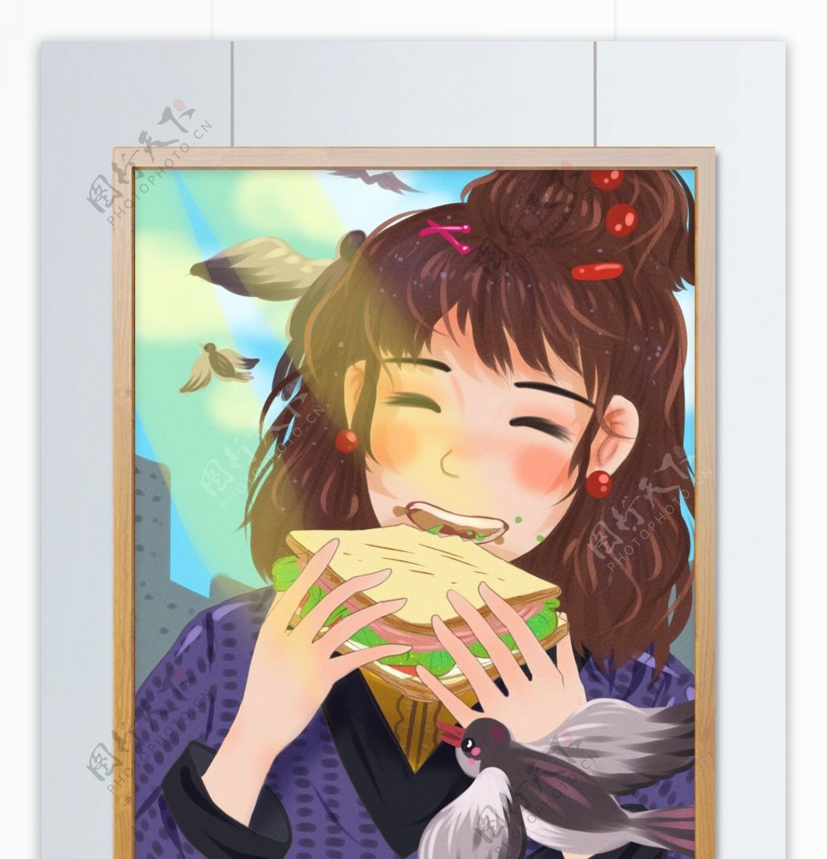 早安你好清早吃着三明治的美丽女孩和小鸟