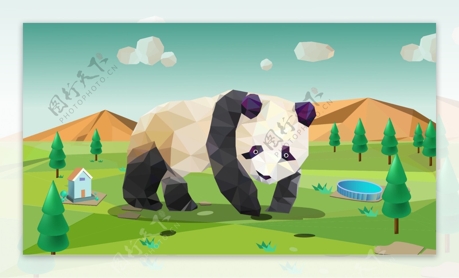 萌宠熊猫微立体低多边形插画