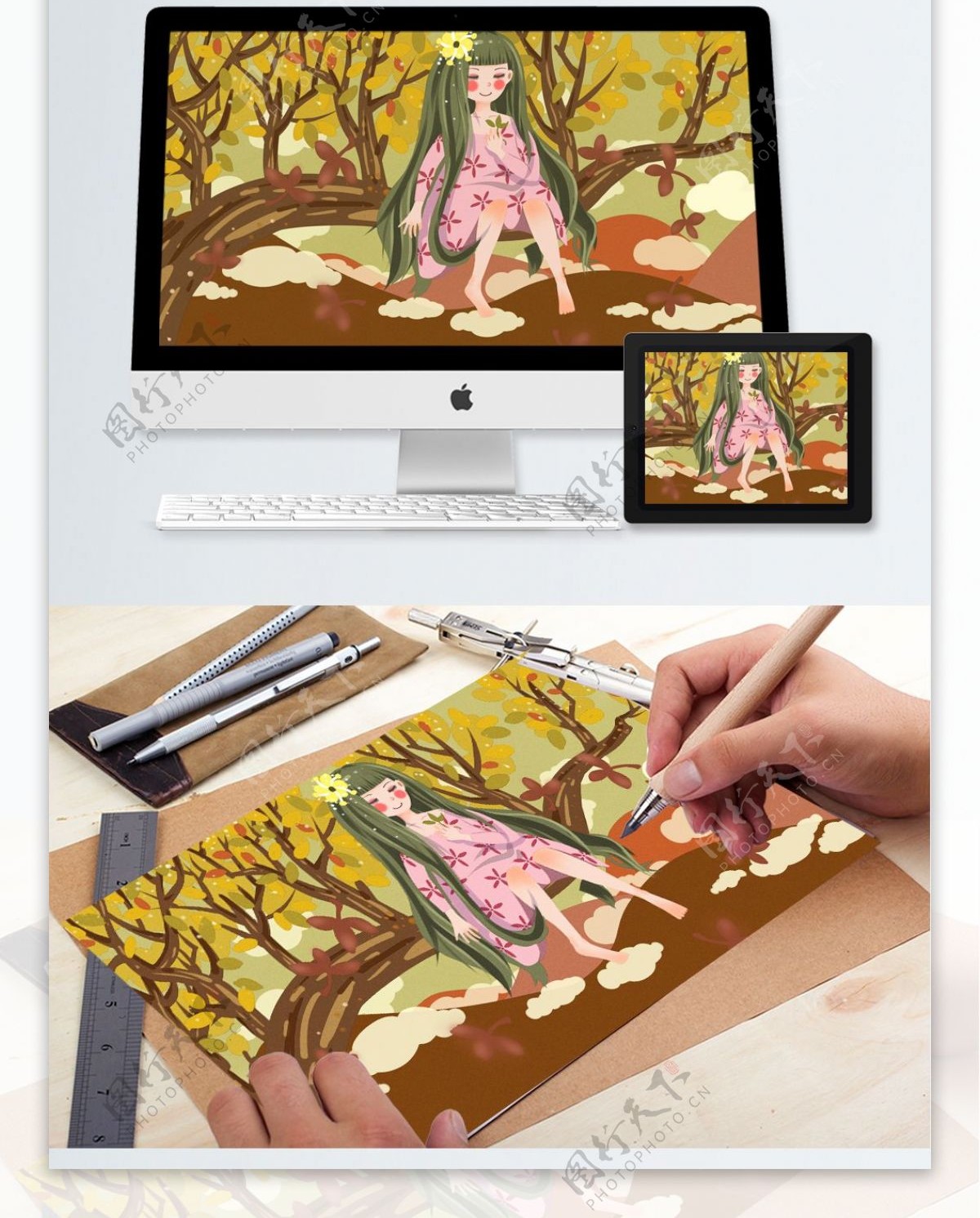 秋渐凉念悠长坐在树上玩叶子的女孩清新插画