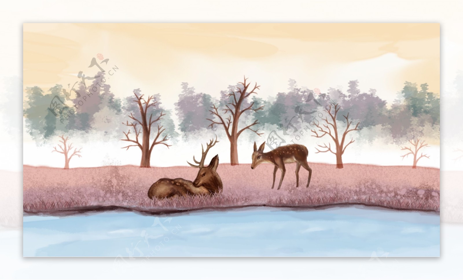 原创水墨水彩唯美插画森林与鹿