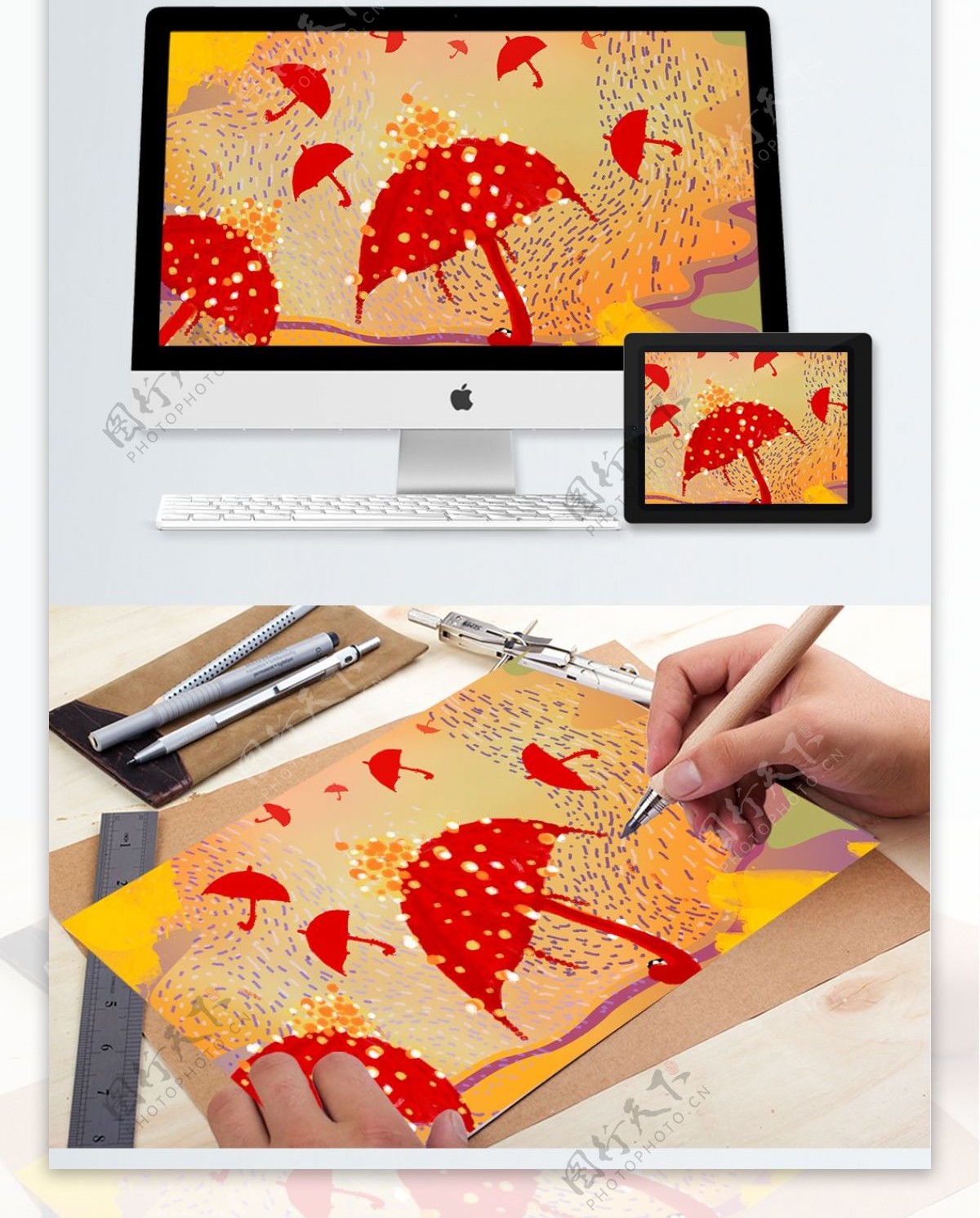 创意涂鸦风格抽象波点红色的伞插画
