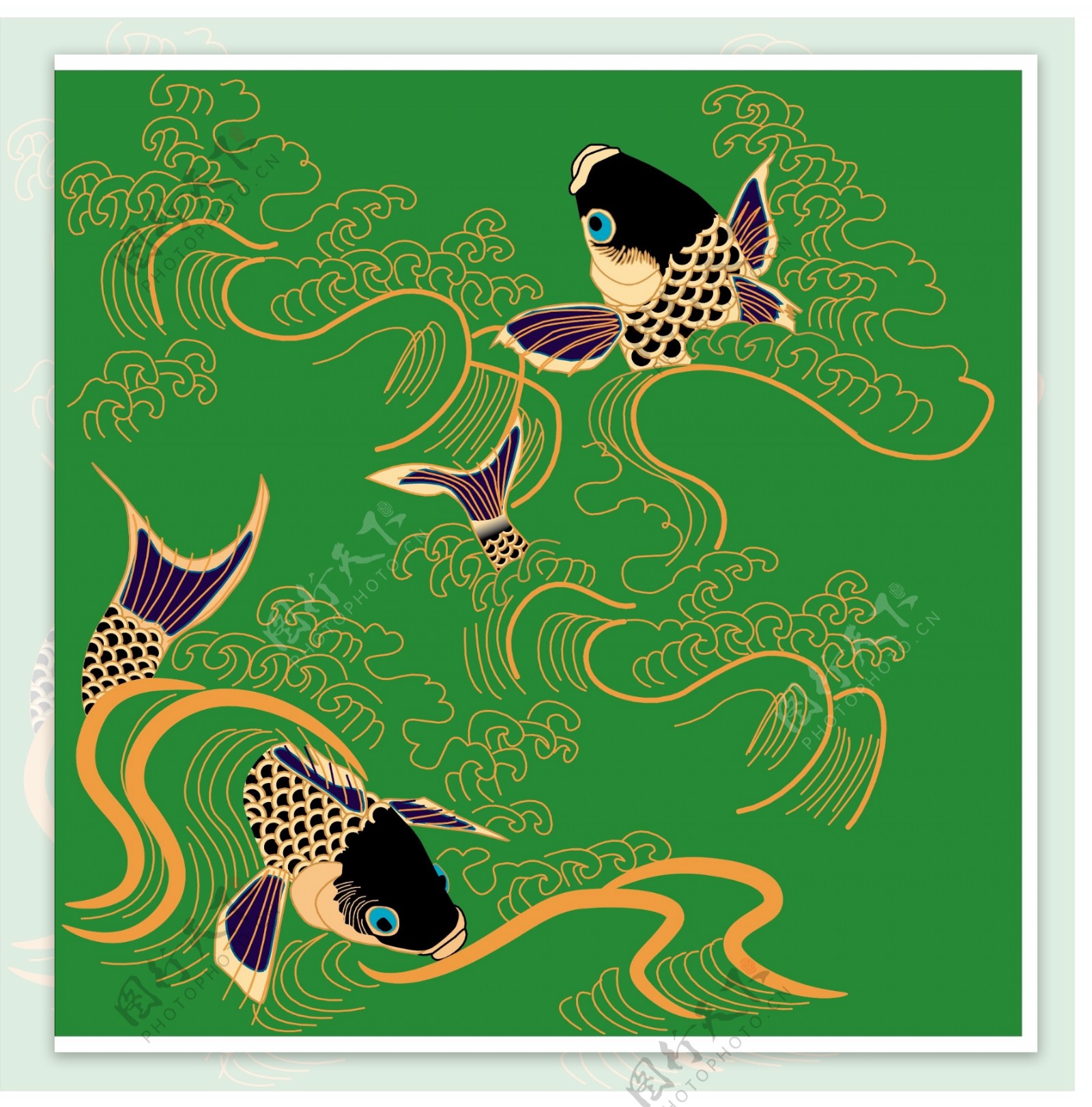 绿色花纹金鱼装饰图