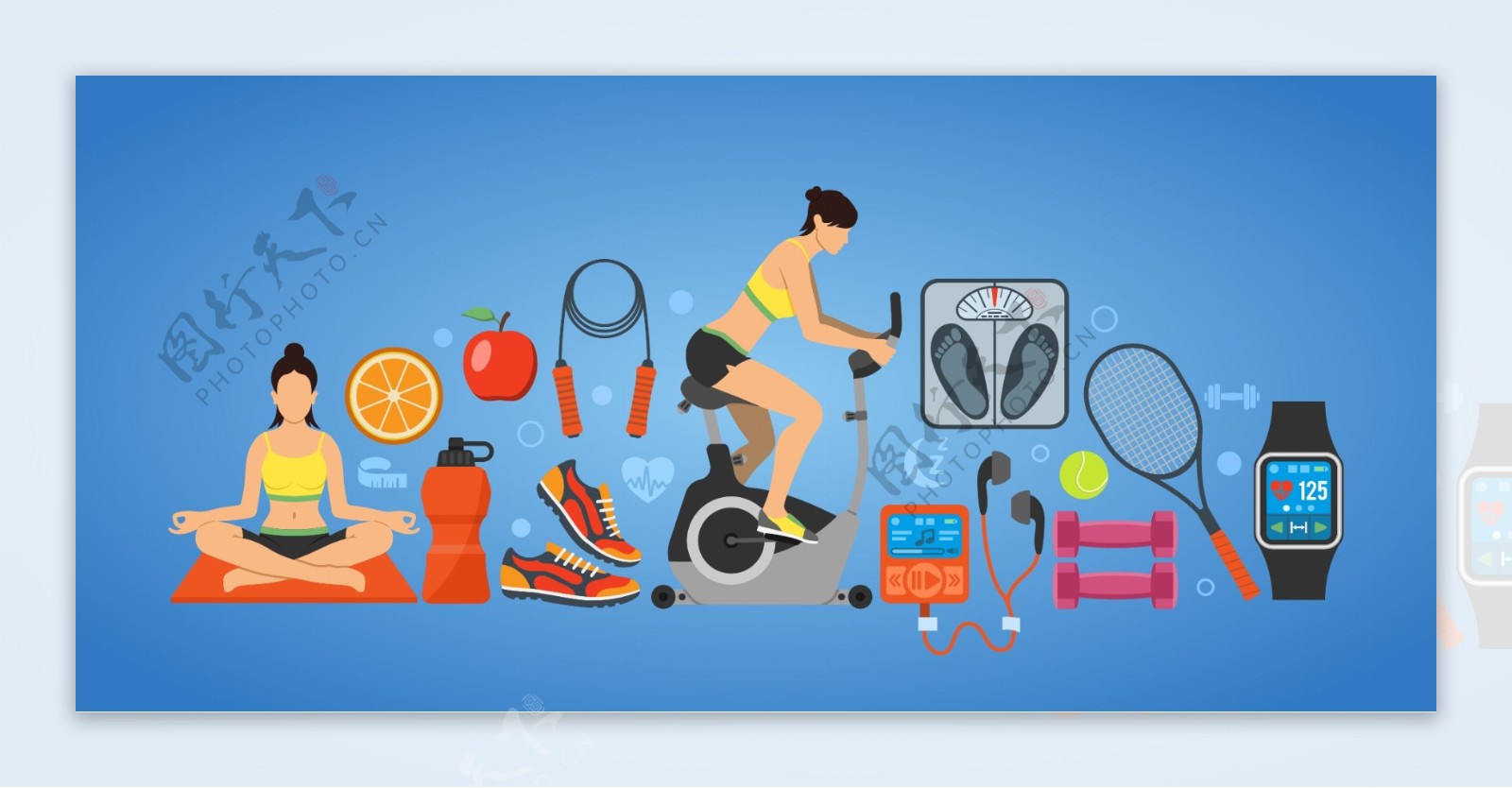 矢量卡通运动健身女人瑜伽水果网球海报