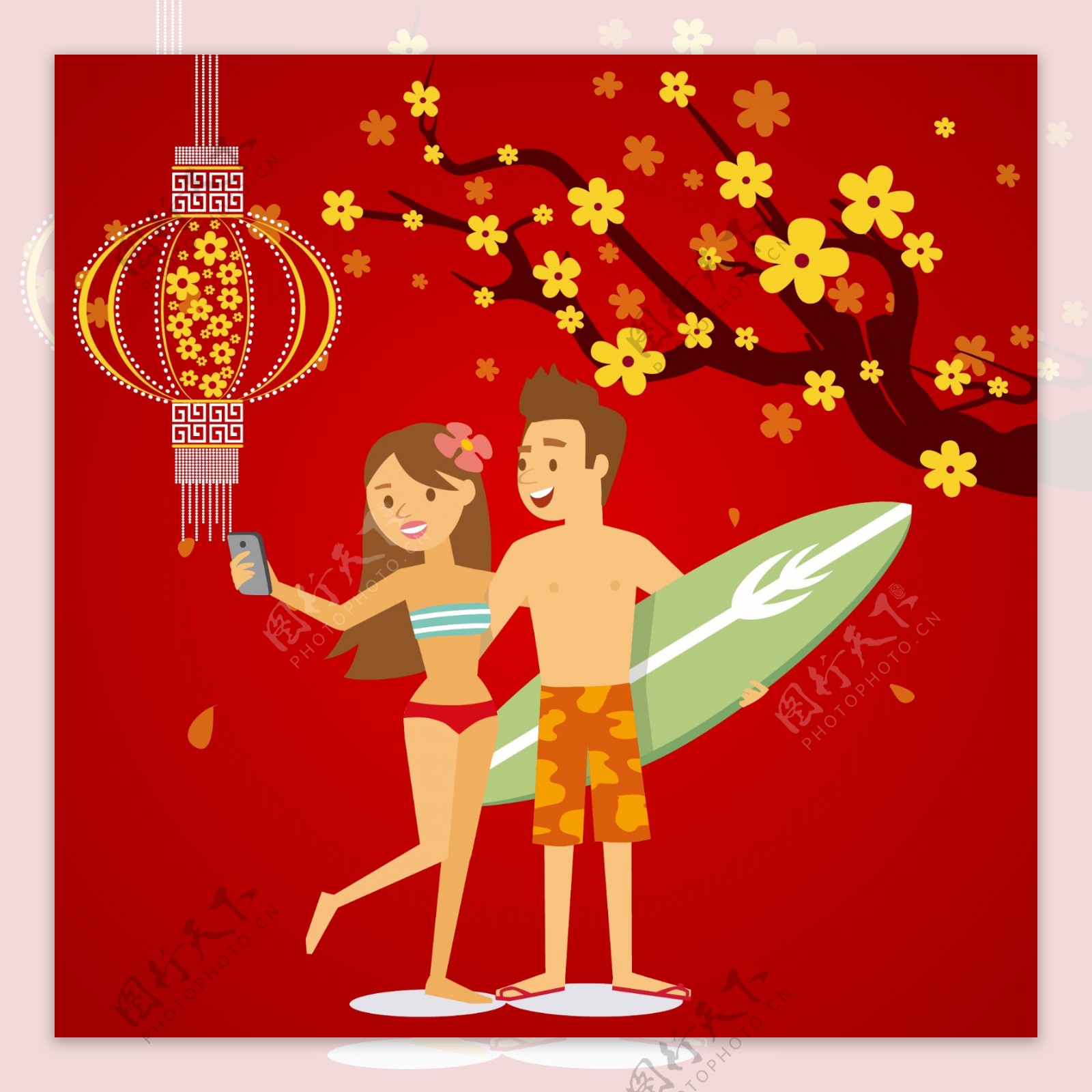 春节矢量手绘梅花一家人旅游自拍灯笼海报背