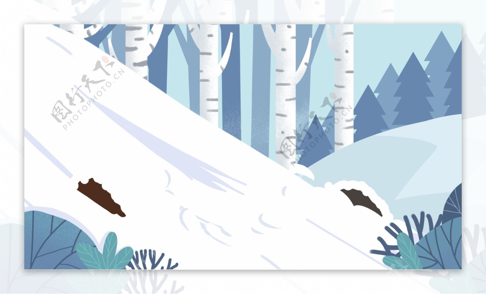 手绘树林雪地山坡背景素材