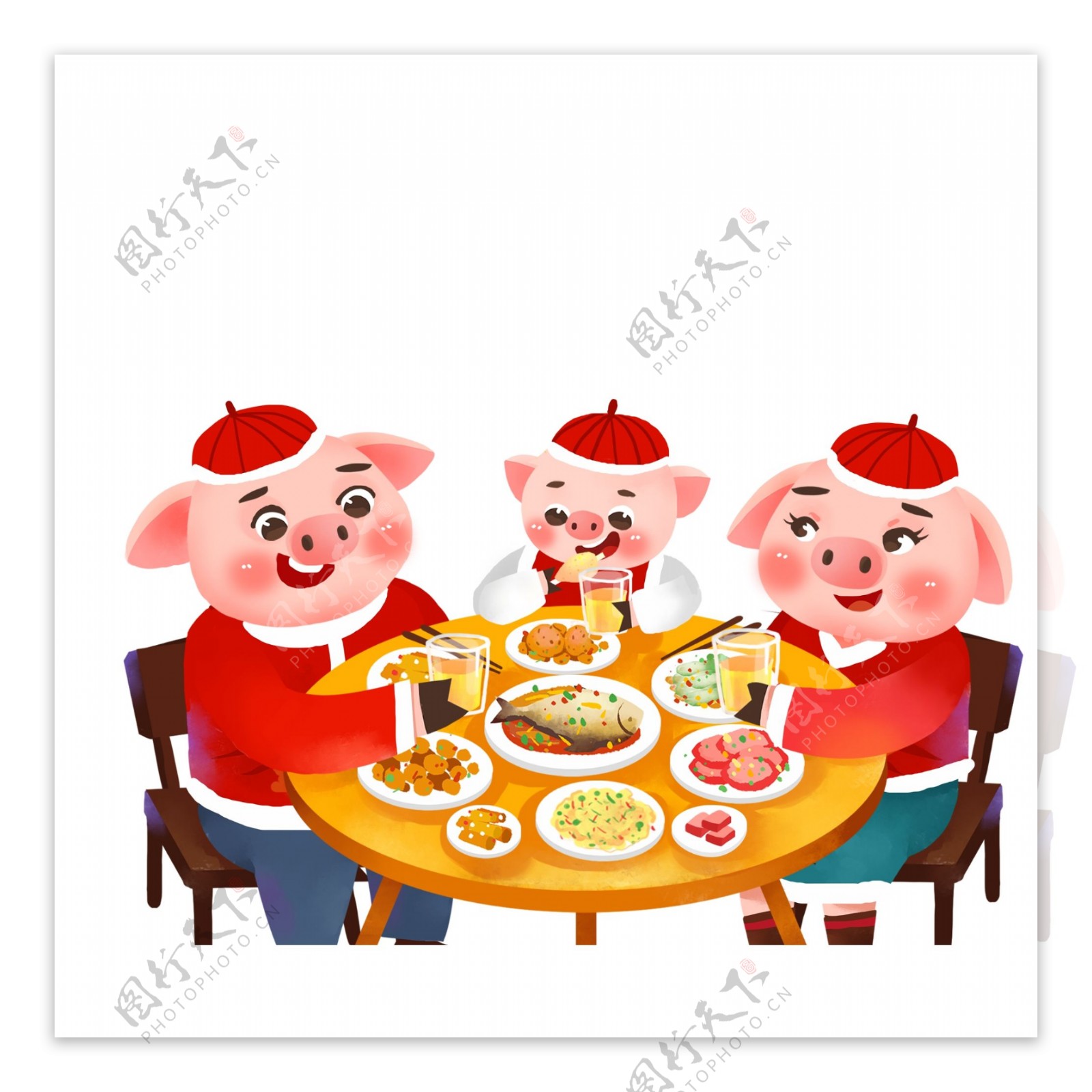 猪年吃团圆饭的小猪一家卡通人物设计